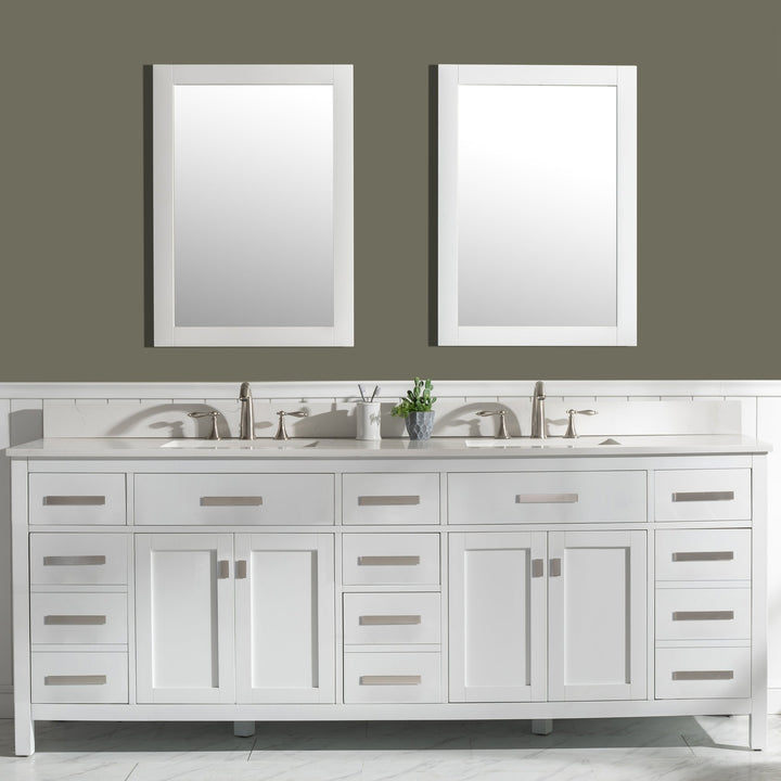 Valentino 84" Double Sink Vanity with White Quartz Top - Design Element Bath Kitchen - Bathroom Vanity - White with Silver Satin Hardware