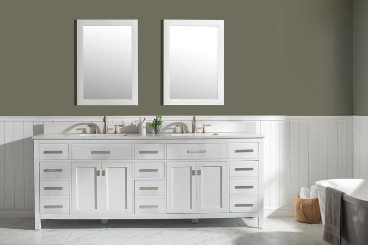 Valentino 84" Double Sink Vanity with White Quartz Top - Design Element Bath Kitchen - Bathroom Vanity - Navy with Satin Gold Hardware