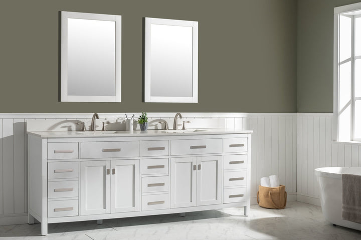 Valentino 84" Double Sink Vanity with White Quartz Top - Design Element Bath Kitchen - Bathroom Vanity - Navy with Satin Gold Hardware
