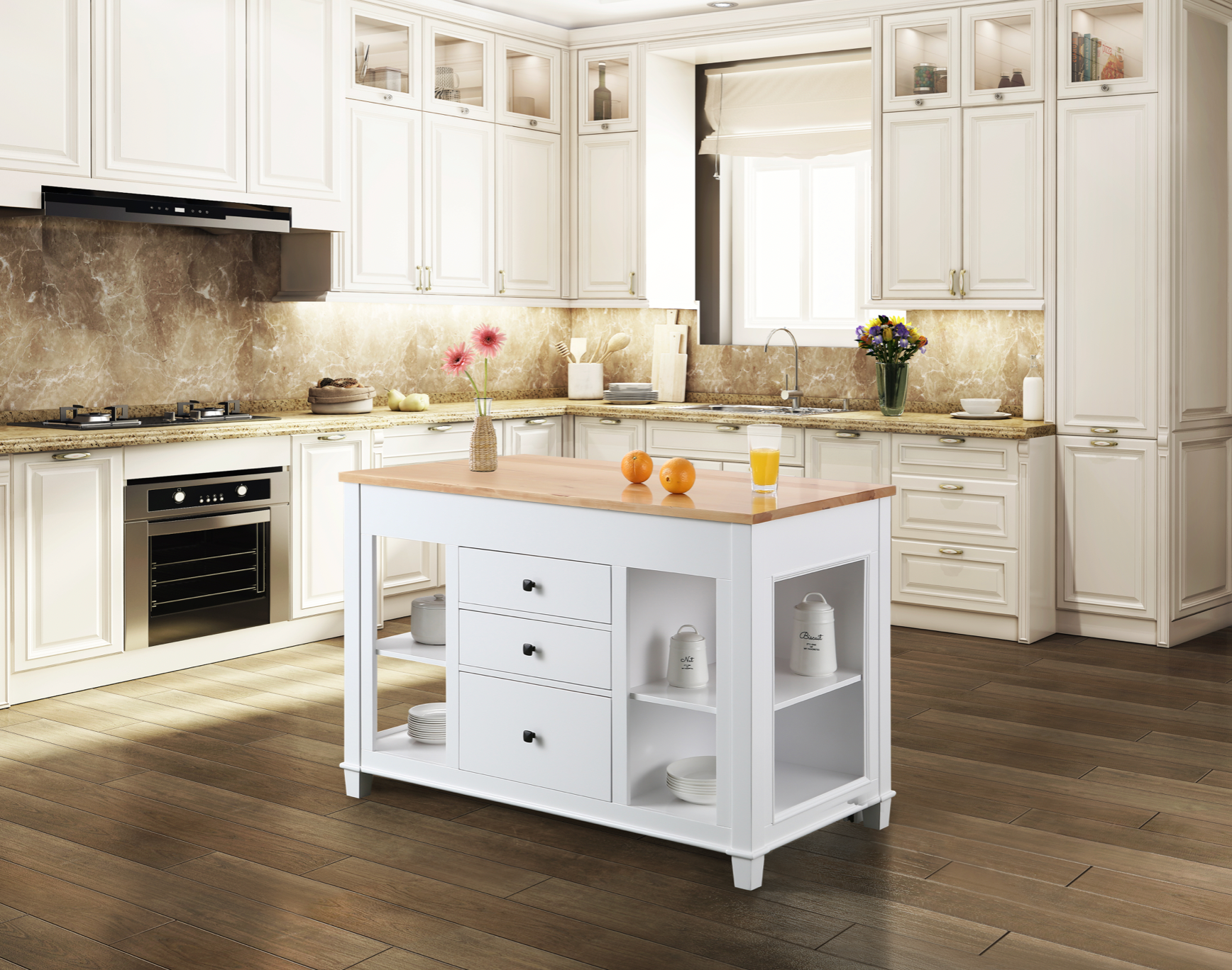 Medley 54 In. Kitchen Island With Slide Out Table - White