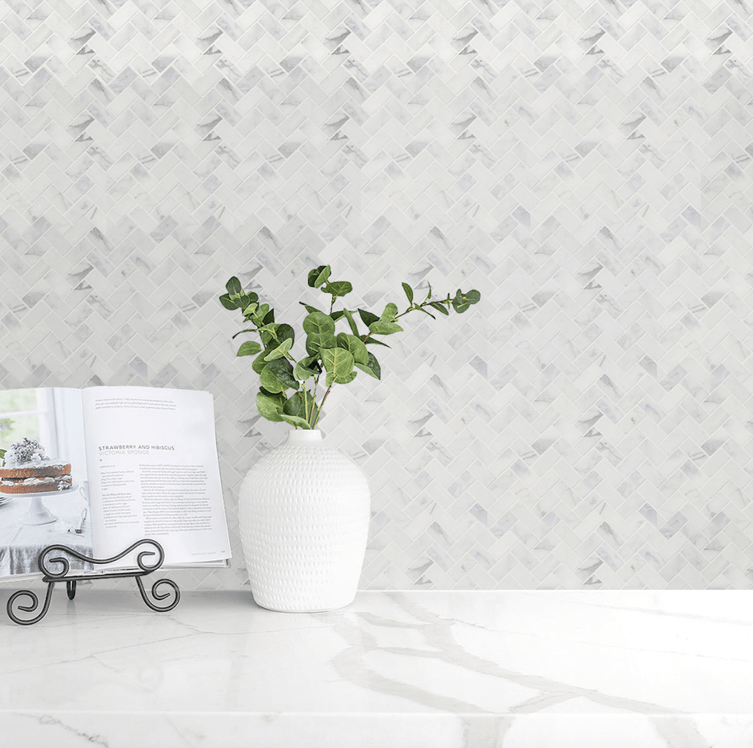 Herringbone 12" x 12" Marble Mosaic Wall Tile - Design Element Bath Kitchen - Tile - 