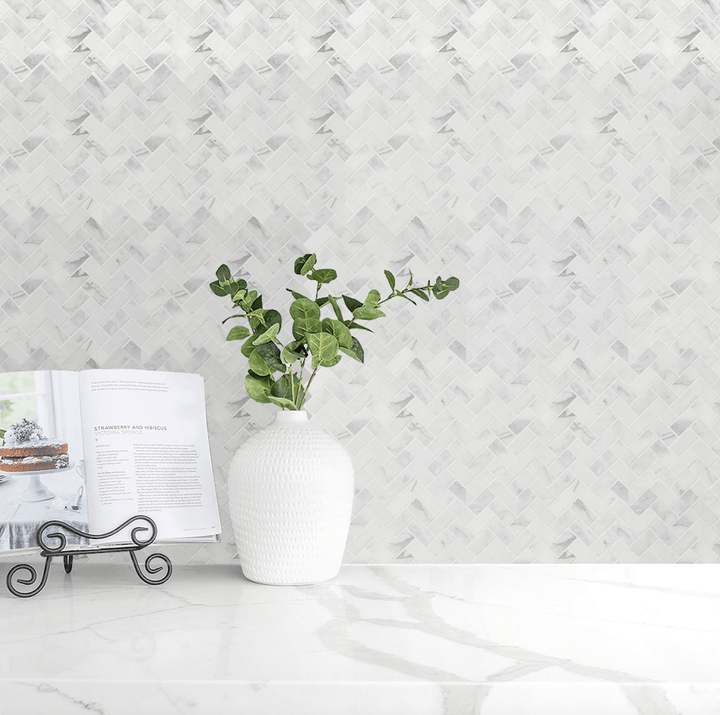 Herringbone 12" x 12" Marble Mosaic Wall Tile - Design Element Bath Kitchen - Tile - 